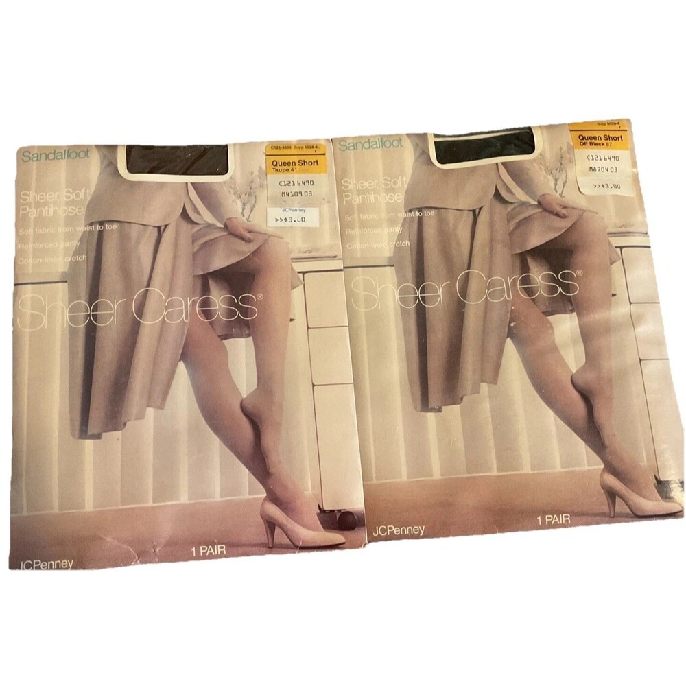 VTG New JCPenney Sheer Caress Sandalfoot Pantyhose Queen Short Off Black N Taupe